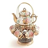 CHANJOON Gold Plated Red Rose Ceramic Tea Set, Vintage Tea Set with Teapot, Beautiful Tea Set Coffee...