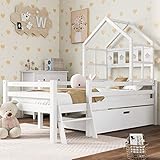 RIAZOS Hausbett Spielbett Kinder Bett, Vielseitiges Kiefernrahmen Kinderbett mit Leiter und...