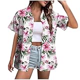 Hawaii Hemd Damen Kurzarm Hawaiihemd Sommer Strandshirt Funky Hawaiibluse Fronttasche Party Hemden...