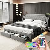 Bett 180x200 mit LED und Kopfteil, Polsterbett 180x200 cm mit 2 Schubladen, Doppelbett mit Stauraum...