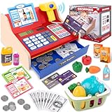 JONRRYIN Holz Kasse Kinder Spielzeug, Spielkasse Kinderkasse mit Scanner & Sound, Spielgeld...