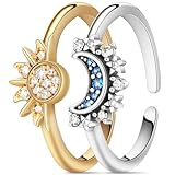 Aucuu Sonne Mond Ring Gold Silber Set, Verstellbar Matching Rings Freundschaftsringe Sonne und Mond...