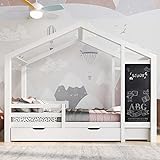 FEZTOY Kinderbett Hausbett 90 x 200 cm, Holzbett mit Tafel und 2 Schubladen, Massivholz mit Zaun und...