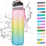 Sport Trinkflasche mit Strohhalm 1L, Wasserflasche mit Zeitmarkierungen Tritan, Gym Flasche...