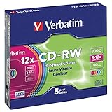 Verbatim CD-RW 700 MB, 5er Pack Slim Case bunt, CD Rohlinge beschreibbar, 52-fache...