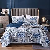 Qucover Tagesdecke Blau 180x220cm, Vintage Bettüberwurf Sofaüberwurf, Gesteppte Patchworkdecke aus...