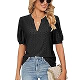 Neteson Musselin Bluse Damen Elegant V-Ausschnitt Oberteile Kurzarm Sommer Tuniken Blase Ärmel...