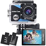 Nvgfelis Action Cam FHD 1080P, Unterwasserkamera wasserdicht bis 30M, Actionkamera mit 2×900 mAh...