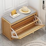 Schuhbank aus Natur-Rattan, mit verstellbarer Ablage, Holzaufbewahrungssitz und Leinenkissen,...