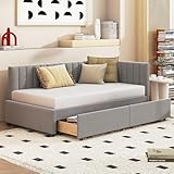 KUAKE Kinderbett 90x200cm, Sofabett Tagesbett Gästebett mit 2 Schubladen Stauraum, Jugendbett...