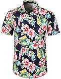 JOGAL Herren Blumen Kurzarm Baumwolle Hawaii Hemd X-Large NavyHibiskus