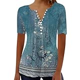 Damen 2024 Sommer Blumen Bluse Longshirt Elegant Falten Knöpfe Kurzarm Oberteile Locker Komfortabel...