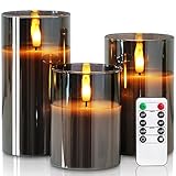 Homemory Grau Glas Flammenlose Kerzen, Batteriebetriebene LED Stumpenkerzen mit Fernbedienung und...