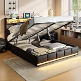 MIOOSUT Bett mit Kofferraum, 160 x 200 cm, Doppelbett mit LED und USB-Anschlüssen, gepolstertes...