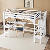 140 * 200cm Kinderbett, Hochbett mit L-förmigem Schreibtisch und offenem Kleiderschrank, Holzbett...