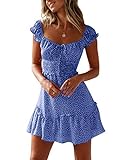 Ybenlover Damen Blumen Sommerkleid High Waist Volant Kleid Vintage Minikleid Strandkleid, Blau, M