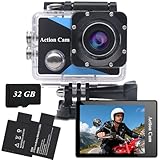 Nvgfelis Action Cam1080P mit 32GB Speicherkarte, Unterwasserkamera wasserdicht bis 30M, Actionkamera...