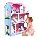 NAIZY Kinder Puppenhaus Holz Haus 100x70x30cm Puppenstube Set Rosa 3 Etagen Playmobil Dollhouse mit...