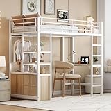 Merax Kinderbett Hochbett 90x200, Etagenbett mit Schreibtisch, Steckdose & USB, Metallbett mit...