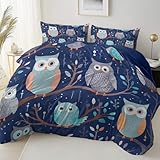 Marineblau Bettwäsche Fantasy Wald Tiere Eule Theme Muster 3 Teilig Kinderbettwäsche Set, Weiche...