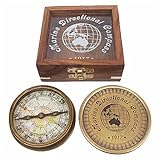 Kompass aus Antik-Messing in edler Holzbox mit Glasdeckel