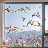 Hianjoo Fensterbilder Frühling Deko Selbstklebend, Vogel Blumen Aufkleber Fenster Fensterbilder...
