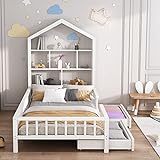 Hausbett Kinderbett Jugendbett 200x90 Funktionsbett mit Bücherregal Ablage mit Fallschutz...