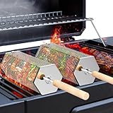ivtivfu Nestbar Rollender Grillkorb, Abnehmbarer Holzgriff, Edelstahl 304, Outdoor Küche Grill...