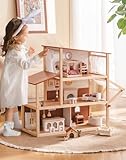 ROBUD Puppenhaus Holz, 3-Stöckiges Böhmischen Stil Puppenhaus mit 37 Zubehör & Möbel | Kinder...