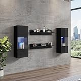 Merax Wohnwand 4-Teilig Set, Wohnwand Komplett-Set in Schwarz Hochglanz, LED-Wandschrank und 2...
