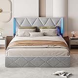 BRILVERDE Polsterbett 140 x 200,Doppelbett mit LED an der Seite des Bettkopfes，Eisblume...