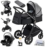 KAVELLIN Kinderwagen 3 in 1 Buggy Babybett Komplett Set Einem Klick Zusammenklappbarer Kinderwagen,...