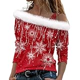 Damen Weihnachtsshirt mit Schneeflocken Print, Merry Christmas Sweatshirt mit Elegant Plush Collar...