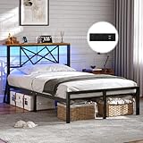 DICTAC Bettgestell 90x200 mit LED Beleuchtung, Bett 90x200 mit Steckdose und 2 USB, Einzelbett mit...
