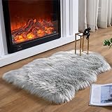 Ruedong Faux Fur Fell Teppich Schaffell Grau 40x60 cm, Longhair Flauschiger Teppich Lammfell für...