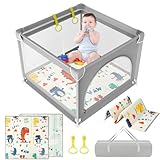 PERSEVERANCE Laufstall Baby 90x90cm mit Matratze, Atmungsaktivem Netz und Reißverschlusstür,...