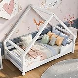 Aunvla Hausbett Kinderbett 90x200cm mit Rausfallschutz Spielbett Jugendbett Massivholz in Weiß