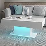 KEEPREAPER Couchtisch Wohnzimmertisch weiß Hochglanz, Sofatisch mit LED Beleuchtung modern für...