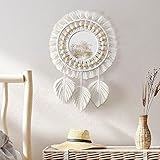 Dremisland Makramee Wandspiegel Wanddeko mit Gewebten Fringe Blatt Wand Befestigter Boho Deko Rund...