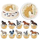 61 Stück Tortenaufleger Pferde Essbar, Tortendeko Pferde Mädchen Essbar und Muffin Deko Pferd,...