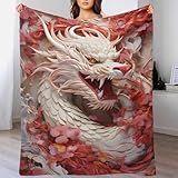 Wilder Drache, rote Blumen, 3D-Plüsch-Flanell-Fleece-Überwurfdecke, 100% Mikrofaser, warm und...