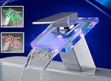 Eaxus LED RGB Wasserfall Glas Armatur Waschbecken Bad Chrom Wasserhahn Waschtisch Einhebelmischer...