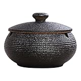 Koanhinn Keramik-Aschenbecher mit winddichtem Deckel für drinnen und draußen, Schwarz