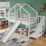 Aoskem Kinderbett Etagenbett 90x200, Hochbett Hausbett Holzbett mit Treppe & Rutsche, Bettgestell...