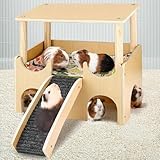 Meerschweinchen Haus aus Holz mit Treppe Rampe und Matten, Groß Meerschweinchen Nagerhaus mit 3...