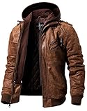 FLAVOR Echtes Lederjacke Herren Abnehmbarer Hoodie (M, Braun)