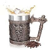 ZZBIQS wikinger bierkrug für Männer, Nordischer Edelstahl Schädel Wikingerschiff Bierbecher...