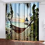 Gardine Fenster Blickdicht, 96x229cm Blau Grün Braun Hängesessellandschaft am Meer bei...