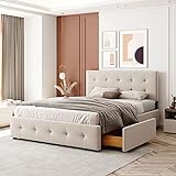 Tkopy Doppelbett 140 x 200 cm Polsterbett mit Stauraum, Beige Bett mit Lattenrost, Rückenlehne und...