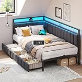 DICTAC Polsterbett Schlafsofa 90x200 mit LED-Beleuchtung und USB-Ladestation,Jugendbett Tagesbett...
